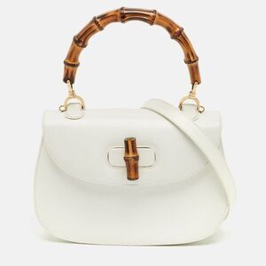 Gucci White Leather Centennial Bamboo Top Handle Bag